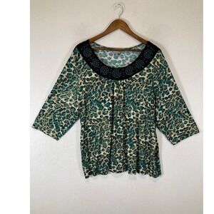 Glam Essentials Women 2X Teal Gold Leopard Beaded Scoop Neck 3/4 Sleeve Blouse